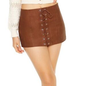 Brown Leather Tie Up Skirt